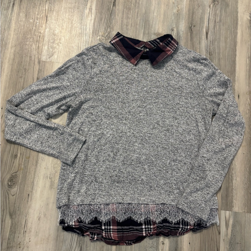 Zac & Rachel Gray Knit Top Plaid Collar Lace Hem Size M